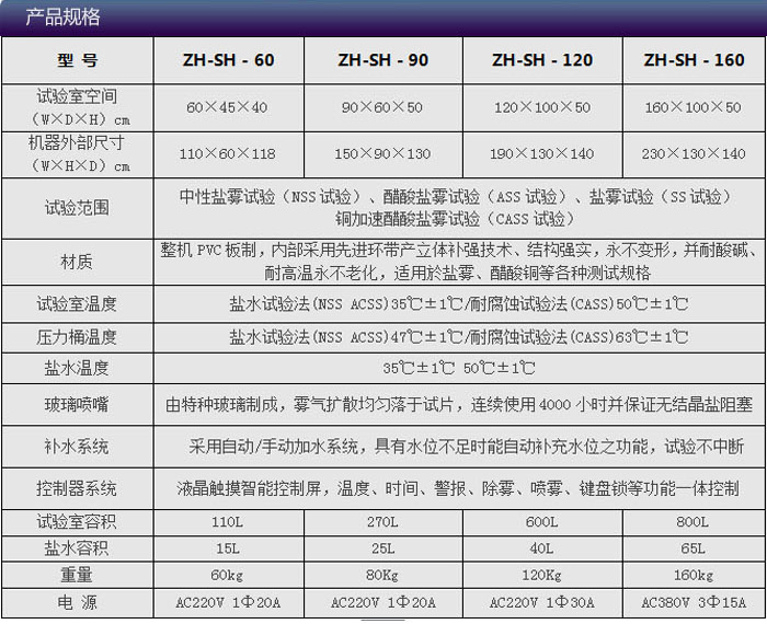 盐雾试验箱参数表介绍